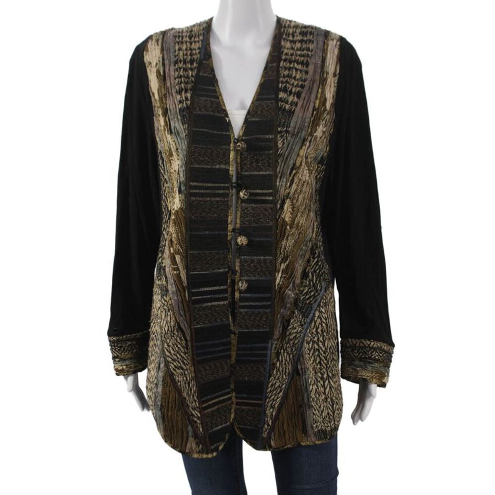 Kaneko Women Basic Jacket Black Geometric Poly Blend Button Size M